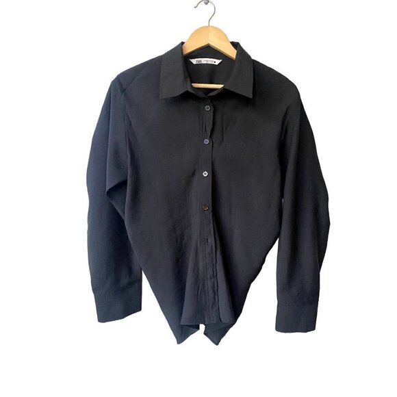 Zara Button Front Button Down Size M Long Sleeve Black Minimalist Top - Picture 1 of 8